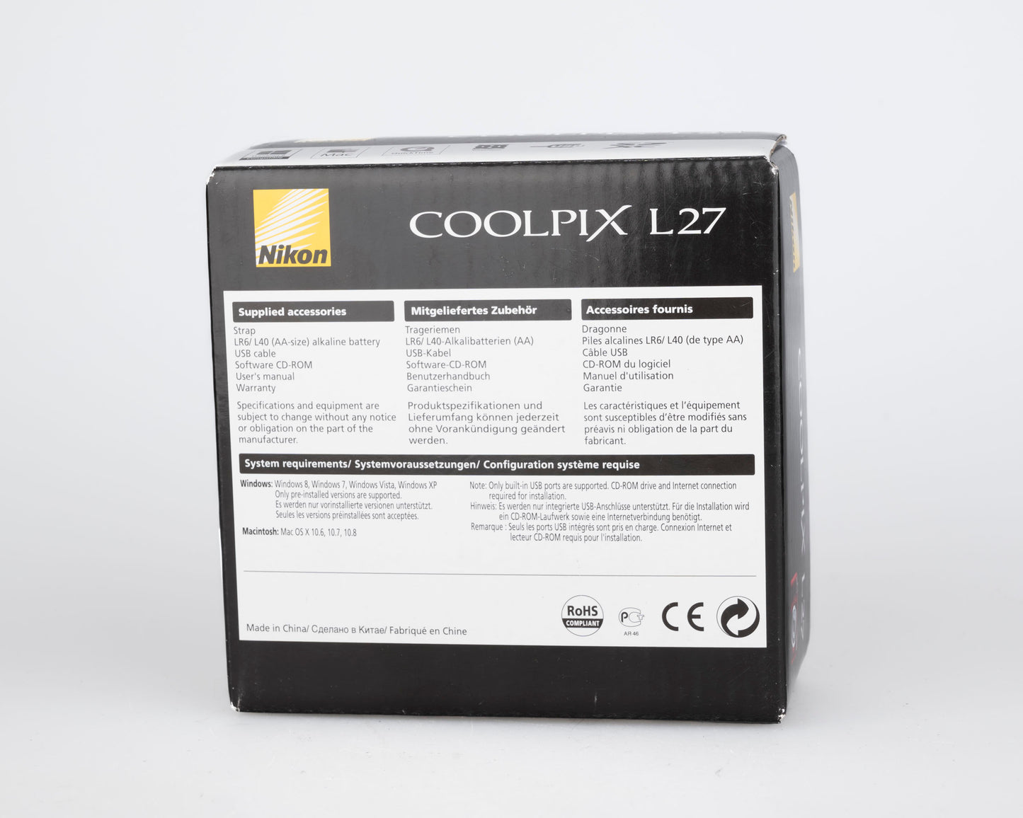 Nikon Coolpix L27 16.1 MP CCD sensor digicam new-old-stock w/ original box + accessories (uses AA batteries + SD card)