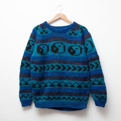 yin yang hand knit blue wool sweater 