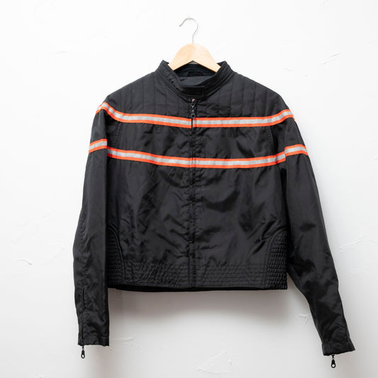 black nylon biker racer cropped jacket moto blokette safety orange stripes