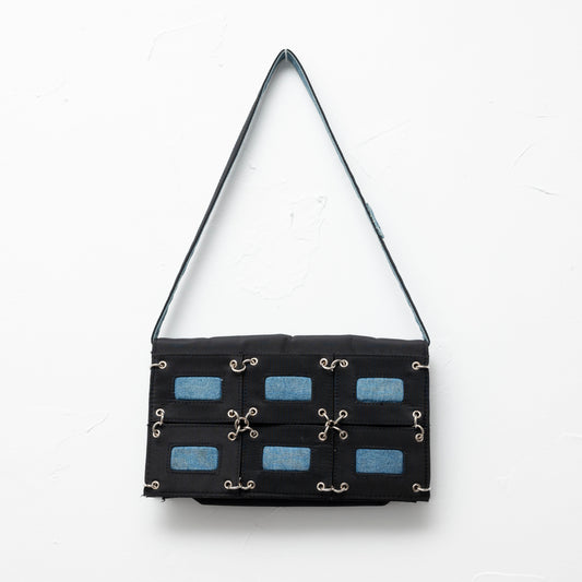 Y2K blue shoulder bag purse baguette denim nylon silver