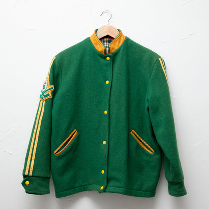 green yellow wool and leather varsity jacket 