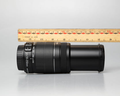 Canon EF-S 55-250mm f/4-5.6 IS II lens, side view fully extended with ruler for scale