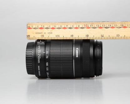 Canon EF-S 55-250mm f/4-5.6 IS II lens, side view with ruler for scale