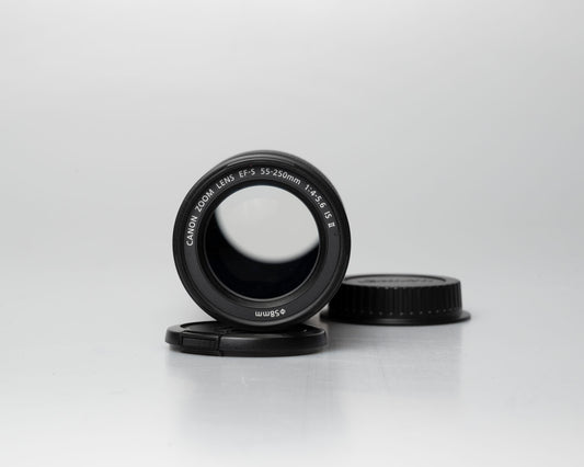 Canon EF-S 55-250mm f/4-5.6 IS II lens, front view with front and back caps off