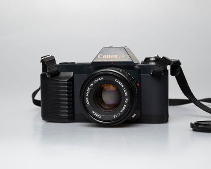Canon T50 35mm film SLR camera w/FD 50mm f1.8 lens (serial 1316532)