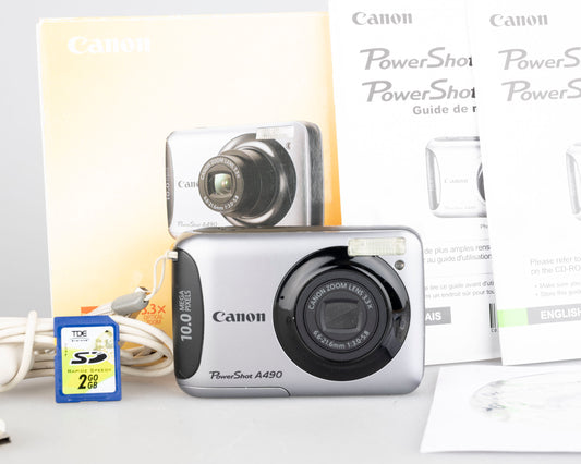 Canon Powershot A490 digicam 10 MP CCD sensor w/ original box + manuals + 2GB SD card (uses AA batteries)