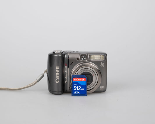 Canon Powershot A590 IS digicam w/ 8 MP CCD sensor; includes 512MB SD card (uses AA batteries)