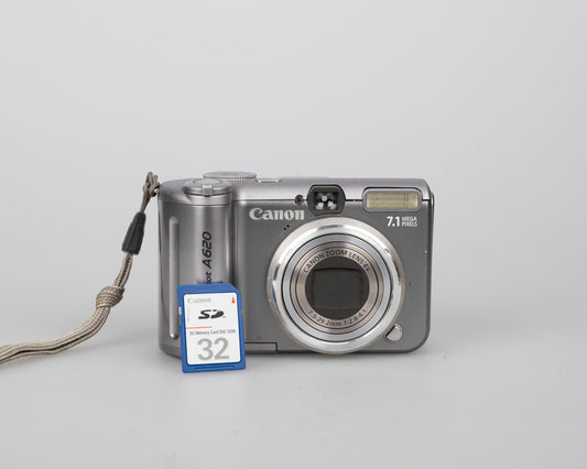 Canon Powershot A620 digicam w/ 7.1 MP CCD sensor; includes 32MB SD card (uses AA batteries)