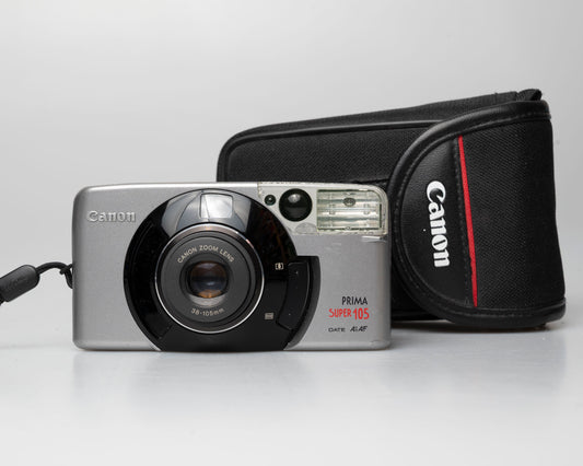 Appareil photo argentique Canon Prima Super 105 Date 35mm avec étui (numéro de série 4421072)