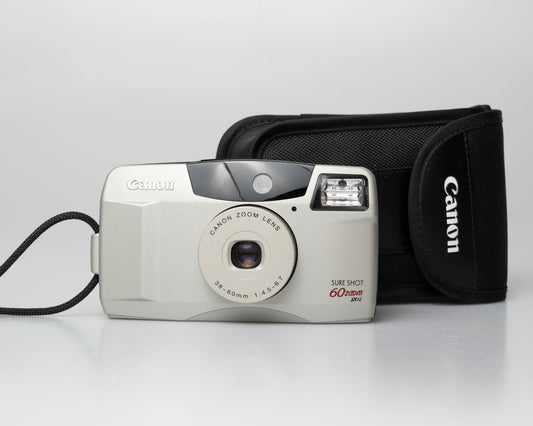 Canon Sure Shot 60 Zoom 35mm point-and-shoot camera; front view with case