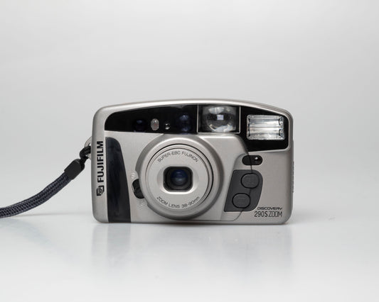 Fuji Discovery S290S Zoom 35mm point-and-shoot camera; front; on
