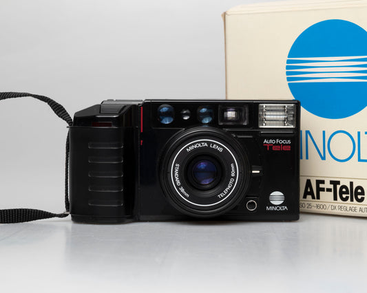 Appareil photo argentique à mise au point automatique Minolta AF Tele à double objectif 35mm avec boîte (numéro de série 58114422)
