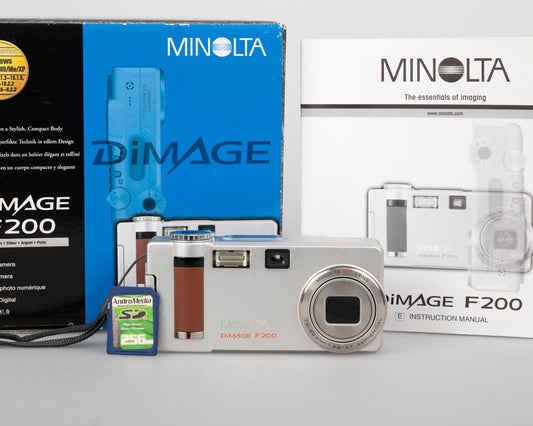 Minolta DiMage F200 4 MP CCD sensor digicam w/ 256MB SD + original box + manuals (uses AA batteries)