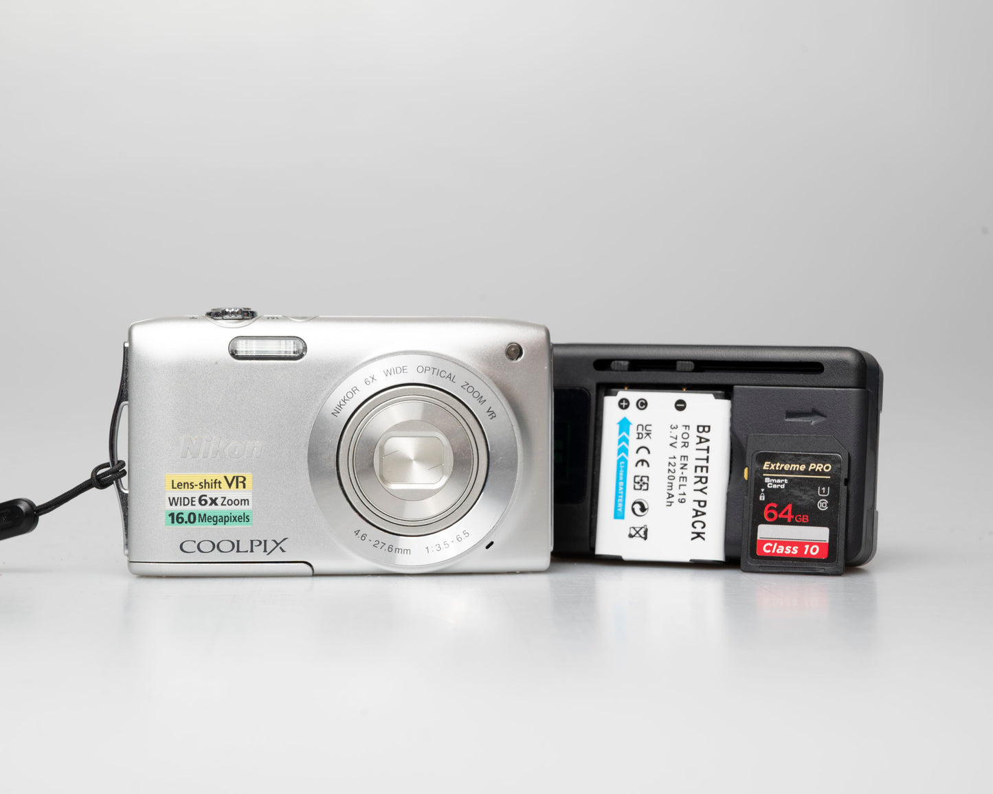 Nikon Coolpix S5300 16MP digicam w/ 64GB SD card + battery + charger (serial 300474121)