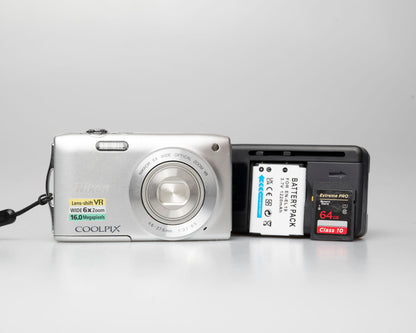 Nikon Coolpix S5300 16MP digicam w/ 64GB SD card + battery + charger (serial 300474121)