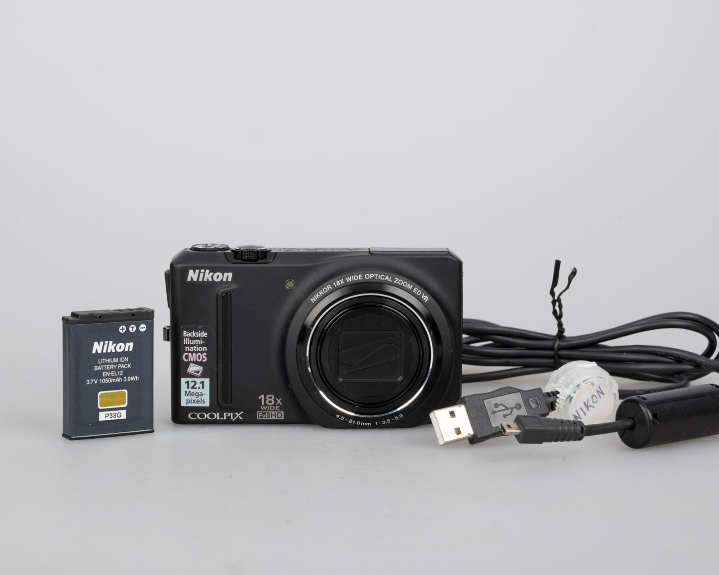 Nikon Coolpix S9100 12.1 MP digicam w/ battery + USB charge cable (uses SD cards)
