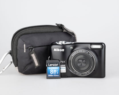 Nikon Coolpix L32 20.1 MP CCD sensor digicam w/ 8GB SD card + case  (uses AA batteries)