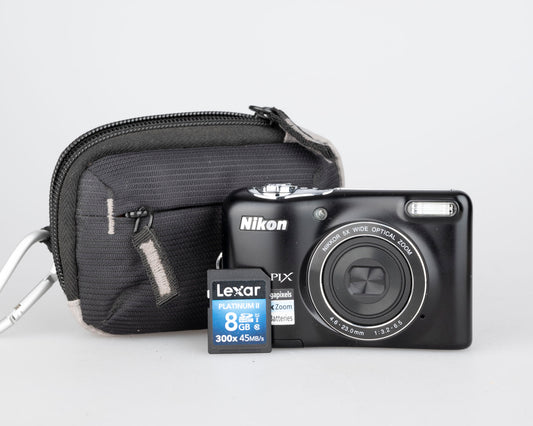 Nikon Coolpix L32 20.1 MP CCD sensor digicam w/ 8GB SD card + case  (uses AA batteries)