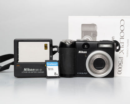 Nikon Coolpix P5000 digicam w/ charger + battery + 8GB card + manual