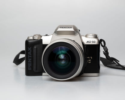 Pentax MZ-50 35mm film camera with kit zoom lens; front view