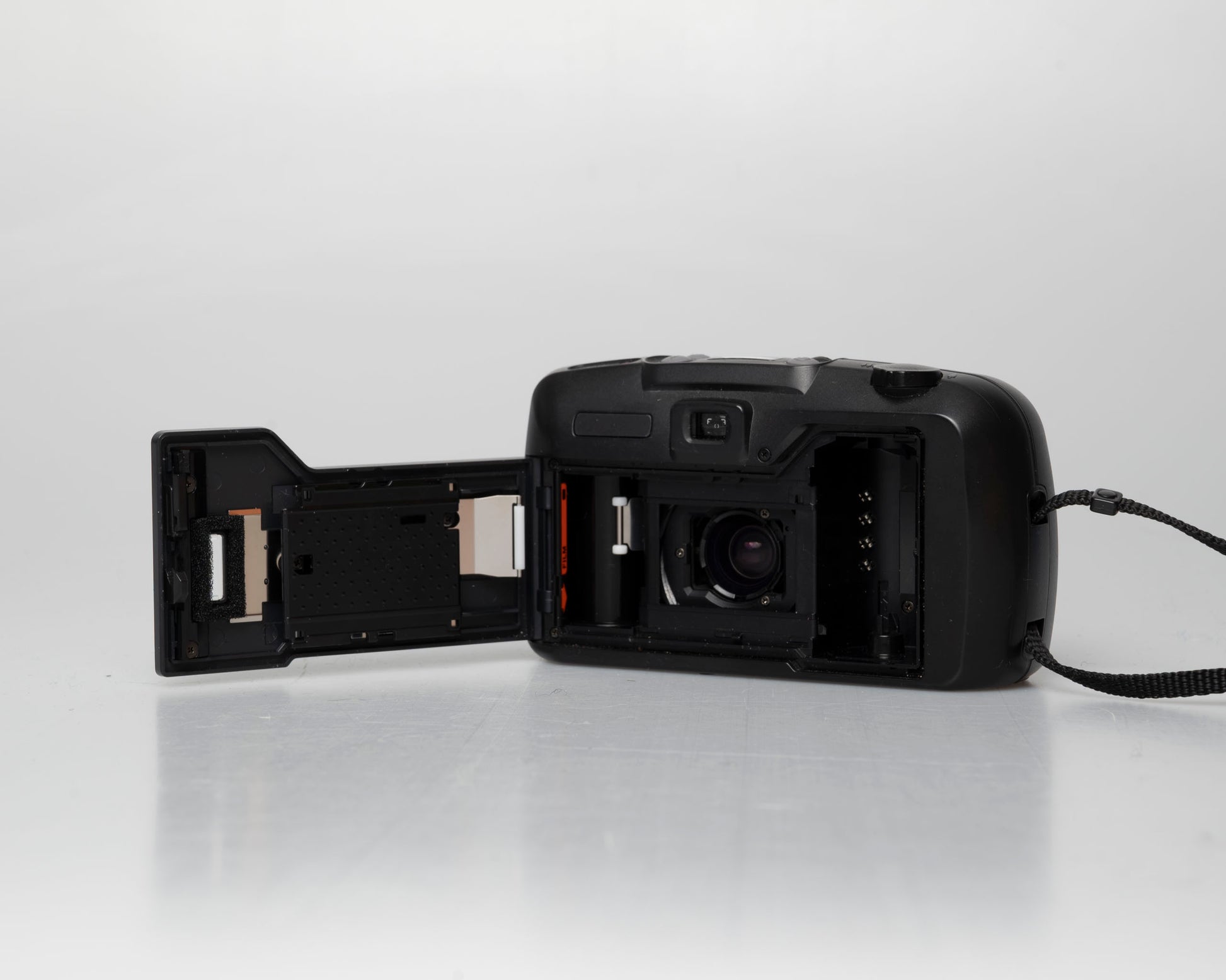 Pentax Espio 738 (aka IQZoom Ezy) compact 35mm film point-and-shoot camera; back, film door open