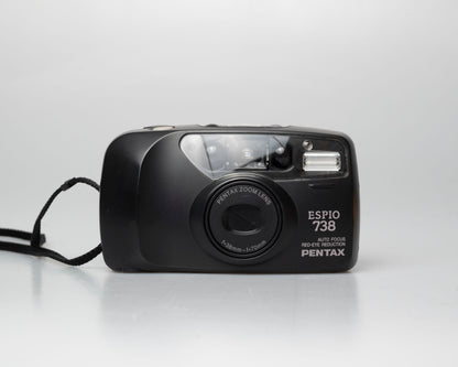Pentax Espio 738 (aka IQZoom Ezy) compact 35mm film point-and-shoot camera; lens cover closed (off)