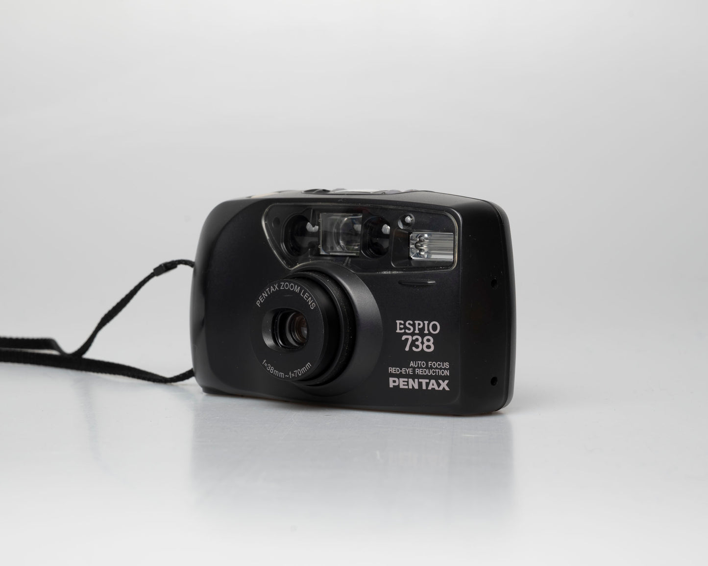 Pentax Espio 738 (aka IQZoom Ezy) compact 35mm film point-and-shoot camera; right angle view