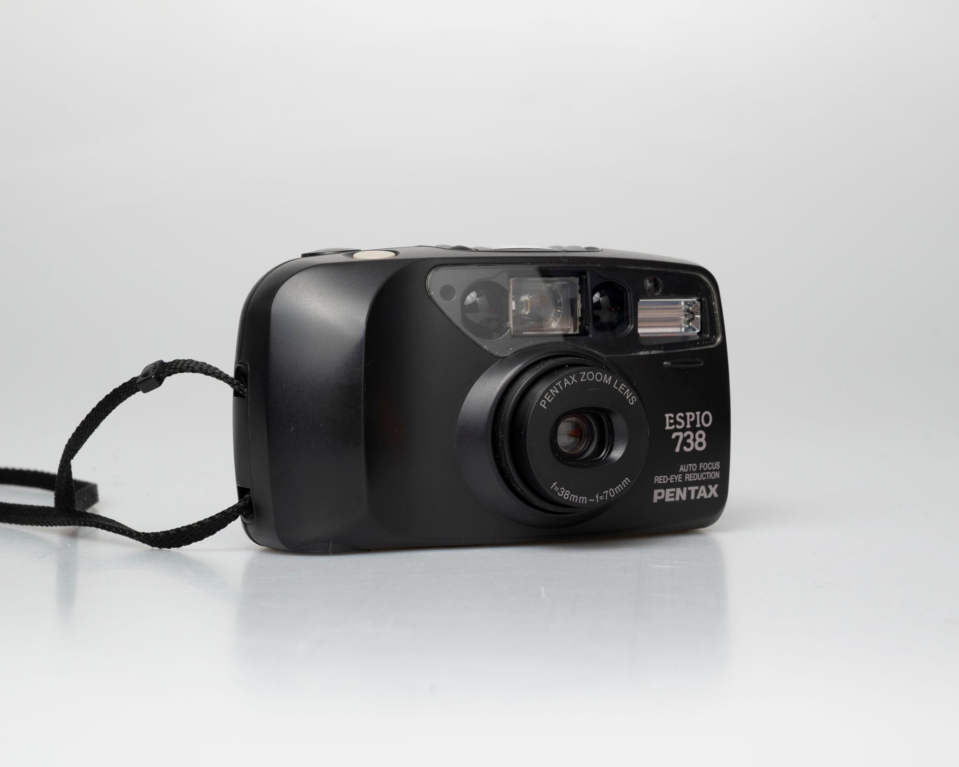 Pentax Espio 738 (aka IQZoom Ezy) compact 35mm film point-and-shoot camera; left angled view