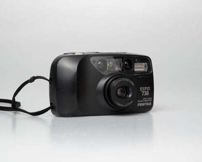Pentax Espio 738 (aka IQZoom Ezy) compact 35mm film point-and-shoot camera; left angled view