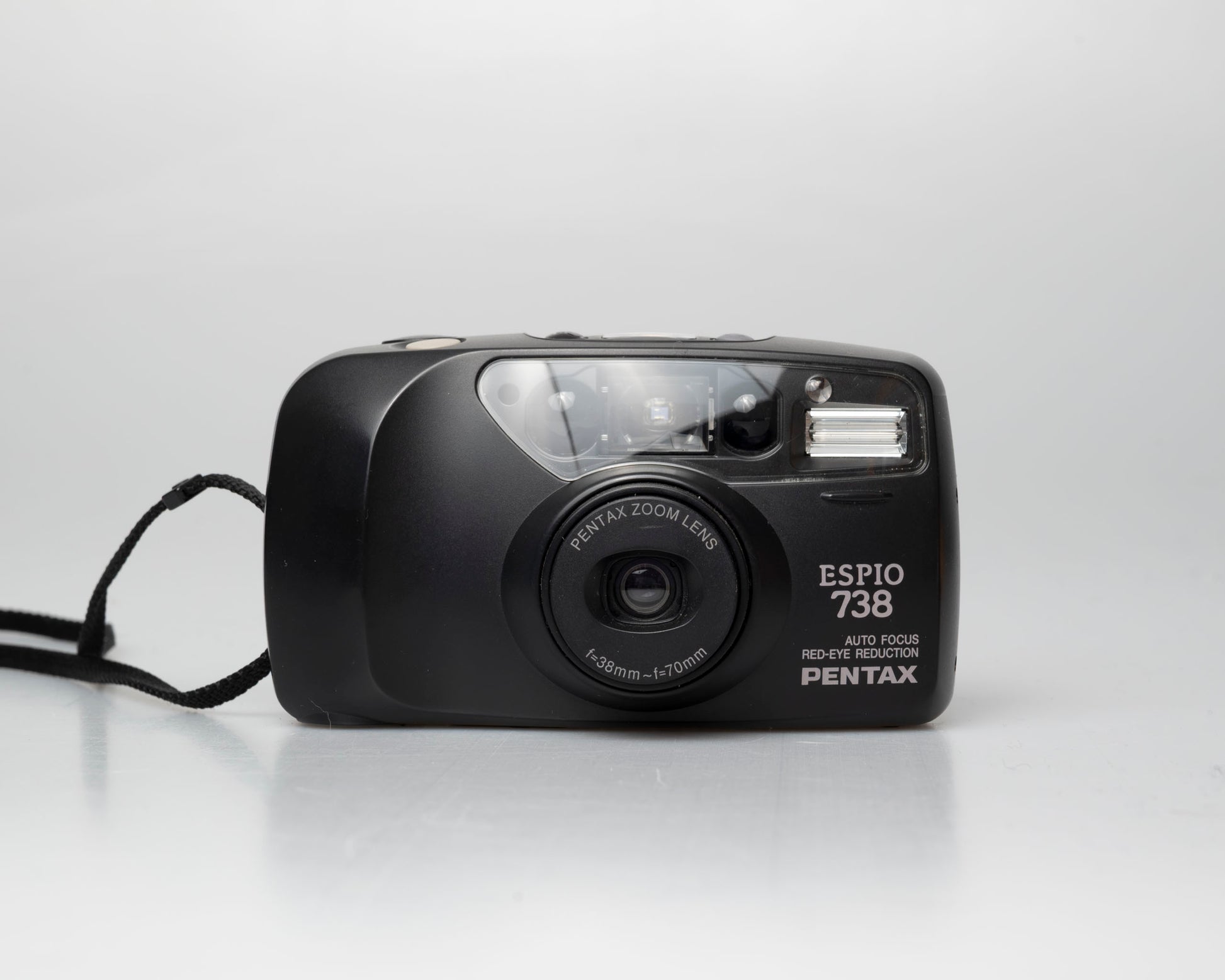 Pentax Espio 738 (aka IQZoom Ezy) compact 35mm film point-and-shoot camera; front view lens cover open