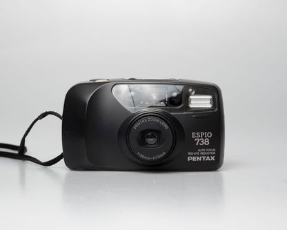 Pentax Espio 738 (aka IQZoom Ezy) compact 35mm film point-and-shoot camera; front view lens cover open