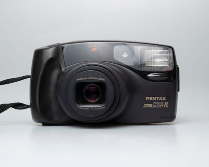 Black Pentax Zoom 105-r camera on a white background for sale at www.newwavepool.shop in Montreal, Canada