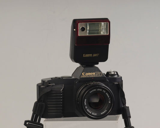 The Canon T50 35mm film SLR with the Canon FD 50mm f1.8 lens and Canon 244T Speedlite