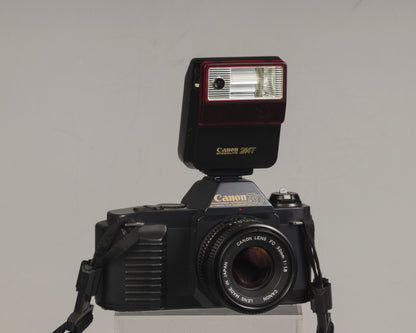 The Canon T50 35mm film SLR with the Canon FD 50mm f1.8 lens and Canon 244T Speedlite