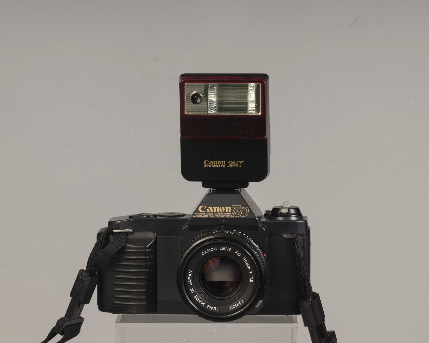The Canon T50 35mm film SLR with the Canon FD 50mm f1.8 lens and Canon 244T Speedlite