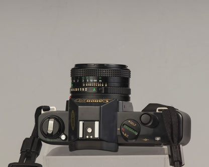 The Canon T50 35mm film SLR with the Canon FD 50mm f1.8 lens