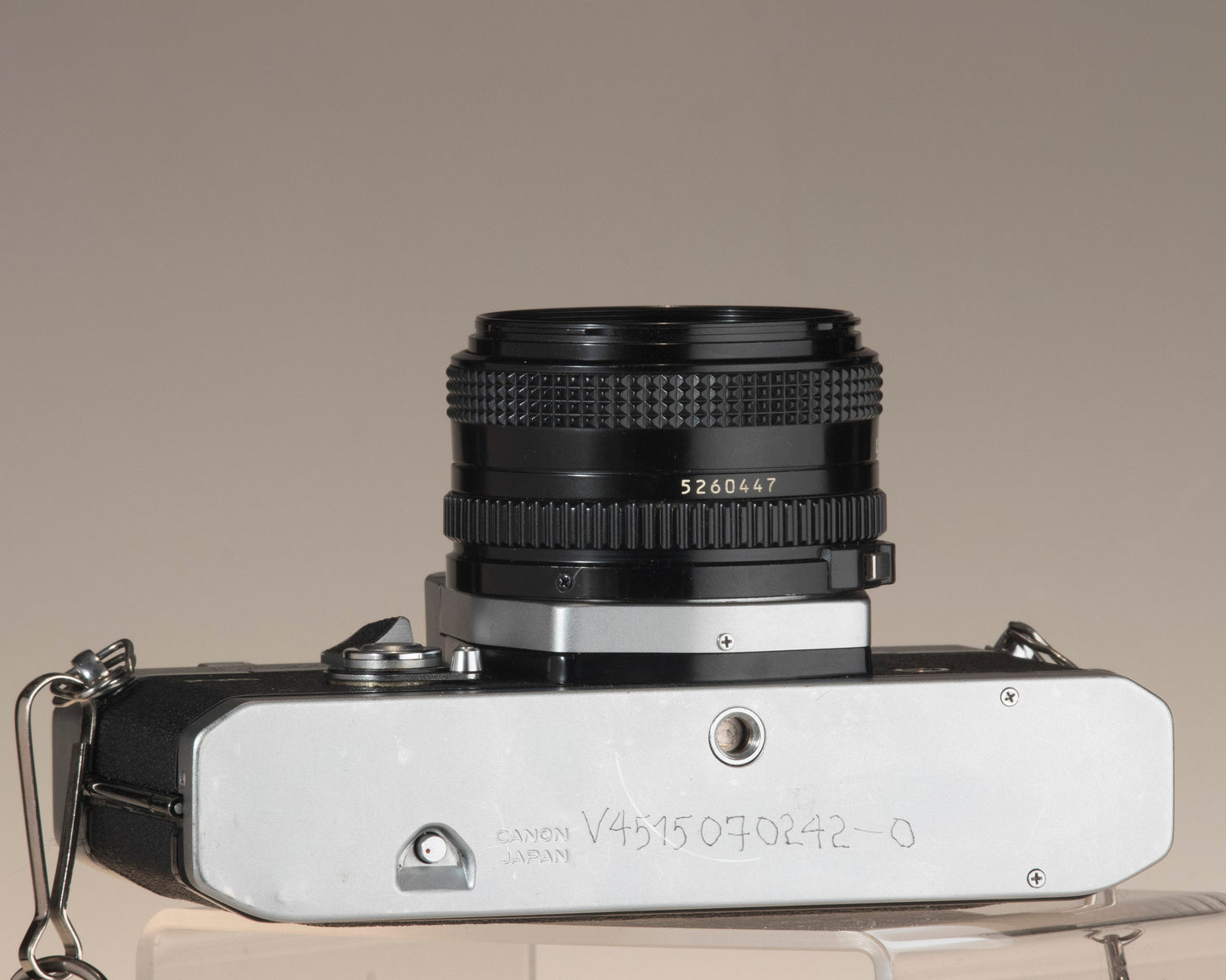 Canon FTb 35mm SLR camera with Canon FD 1:1.8 lens. Rear view.
