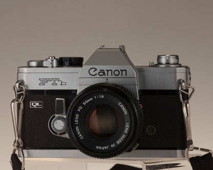 Canon FTb 35mm SLR camera with Canon FD 1:1.8 lens. Front view