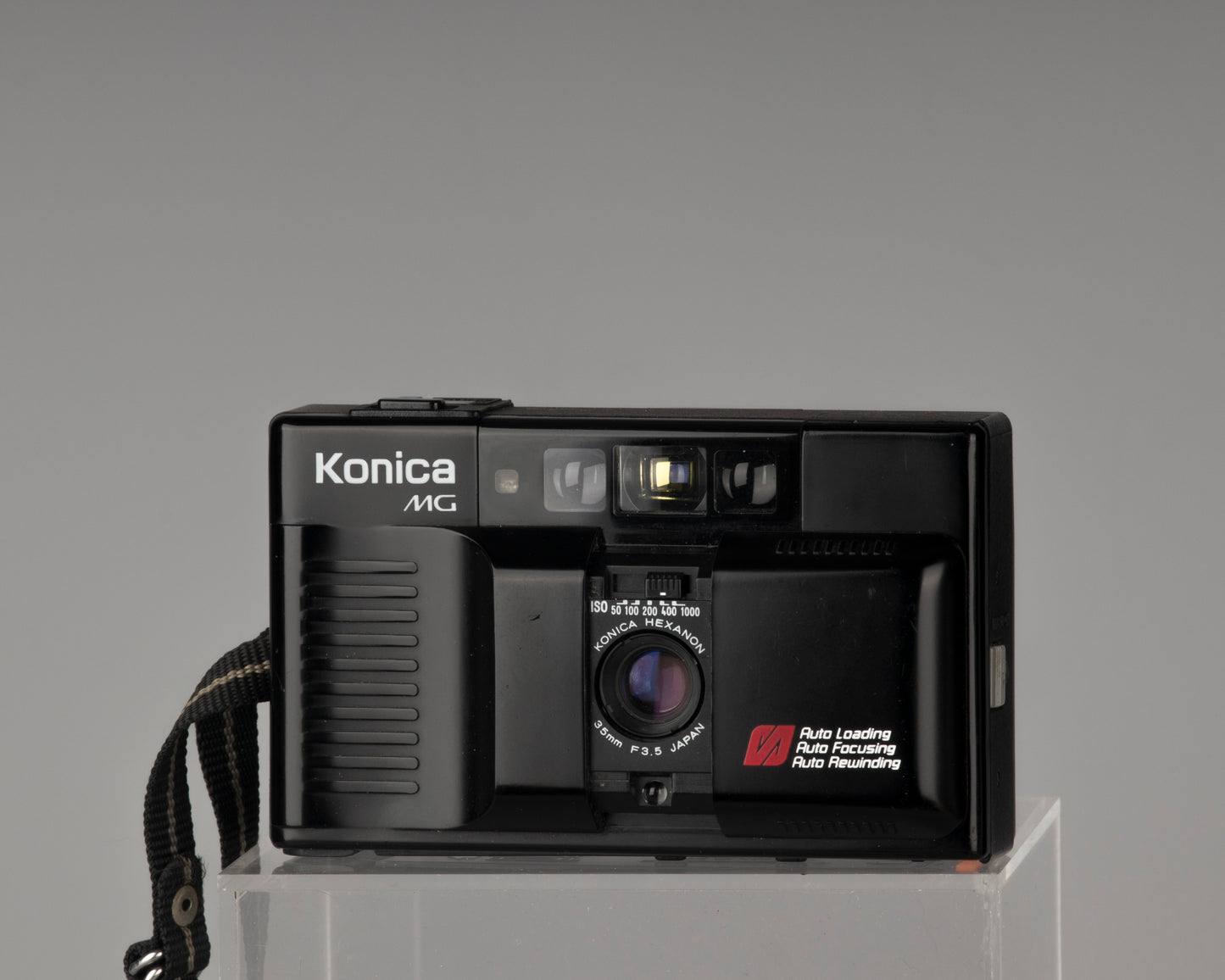 The Konica MG compact 35mm autofocus film camera from the 1980s,