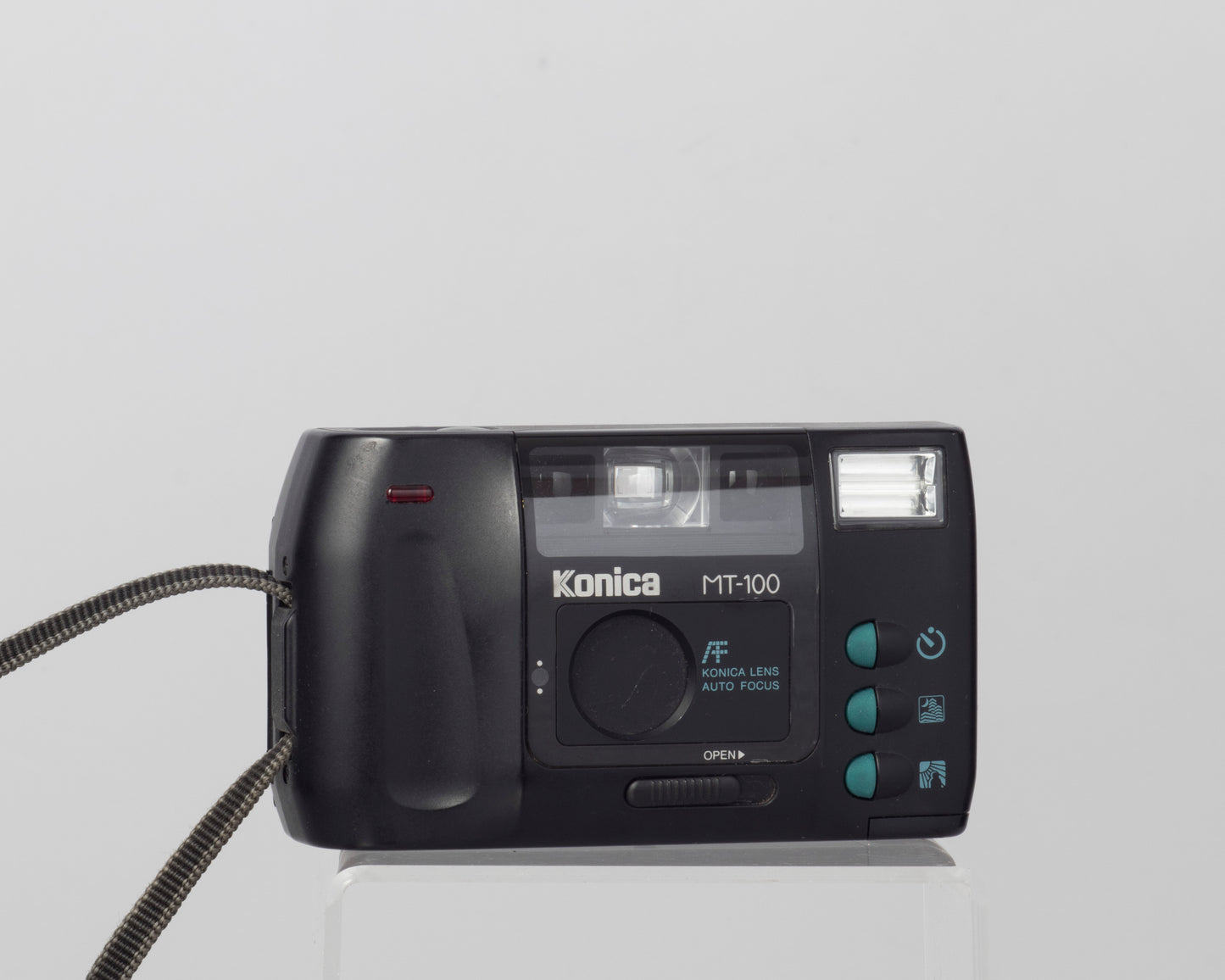 The Konica MT-100 is a 35mm point-and-shoot camera from 1989 (shown switched off)