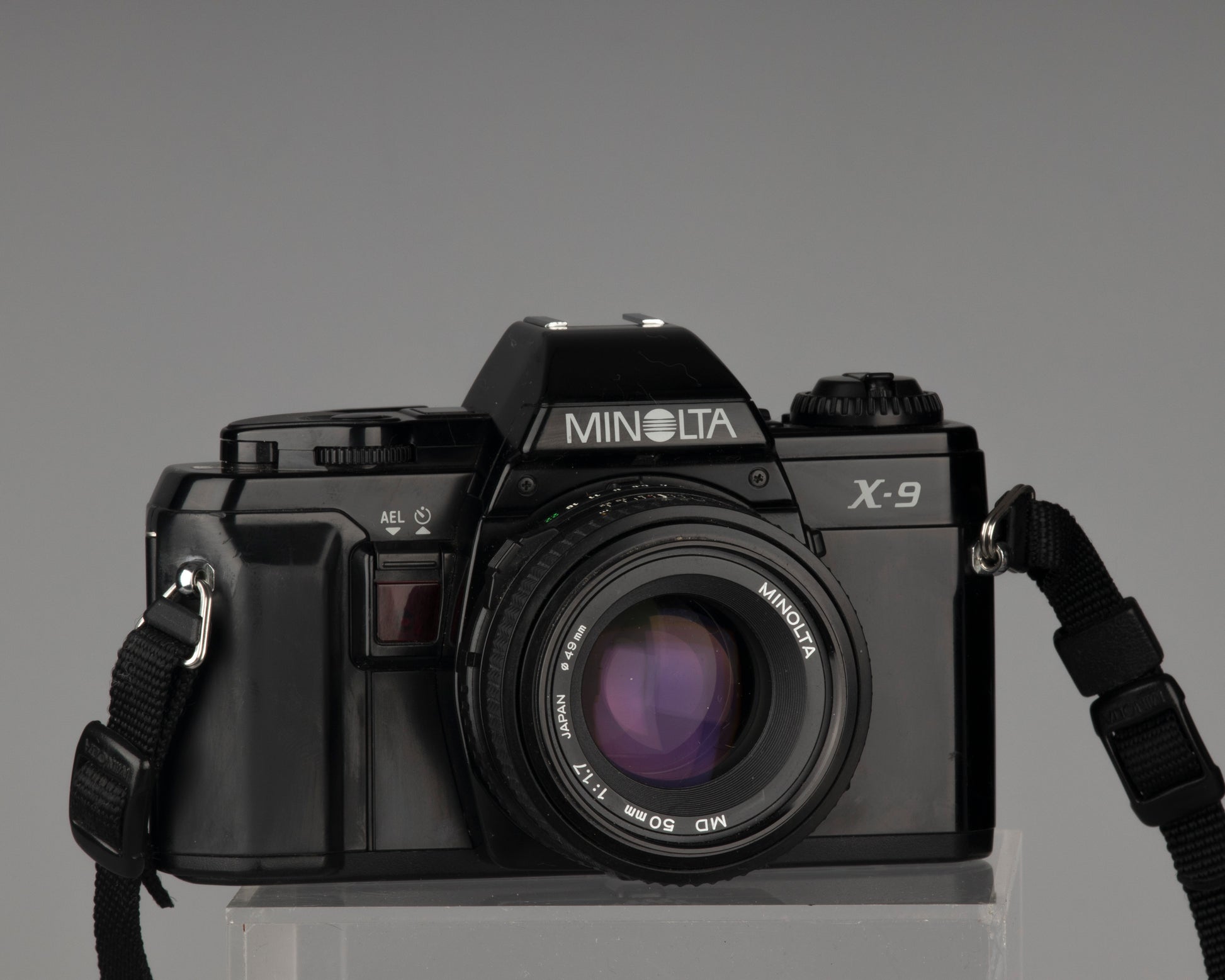 Minolta X-9 SLR camera with MD 50mm f1.7 lens. The circa 1990 X-9 was the company's final manual focus SLR design, a very worthy example in a line that began with the Minolta SR (1958).