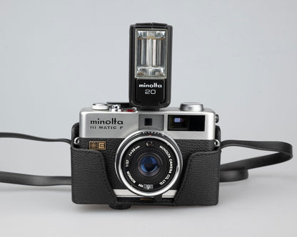 Minolta Hi-Matic F compact 35mm rangefinder camera w/ Minolta 20 Flash + ever-ready case