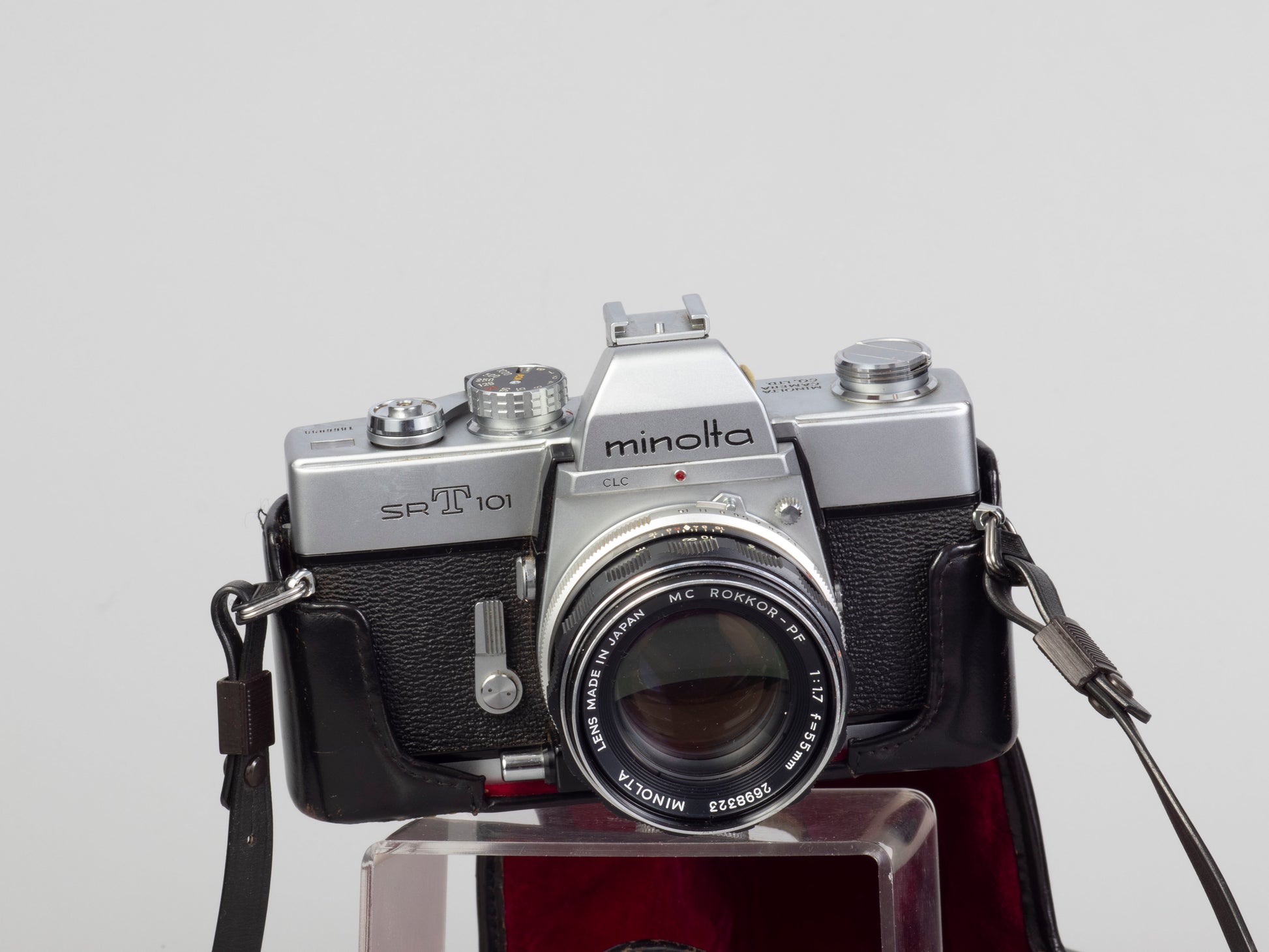 The Minolta SRT-101 35mm film SLR camera with MC Rocker PF 55mm f1.7 lens