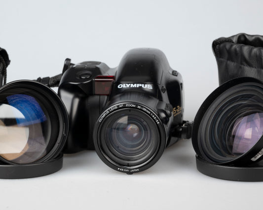 Olympus IS-2 'bridge' 35mm film SLR w/ 35-135mm lens + 1.5x & 0.8x converters (serial 1012390)